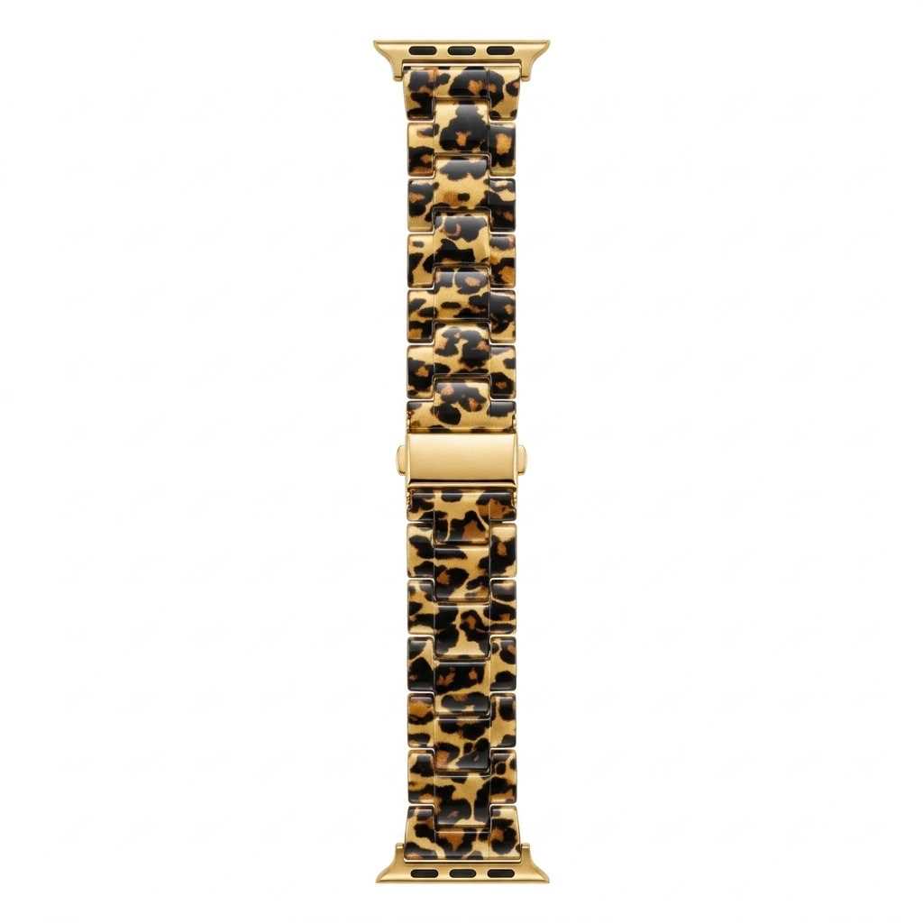 Anhem Amber Resin Apple Watch band featuring a translucent leopard print pattern with gold-tone metal hardware.