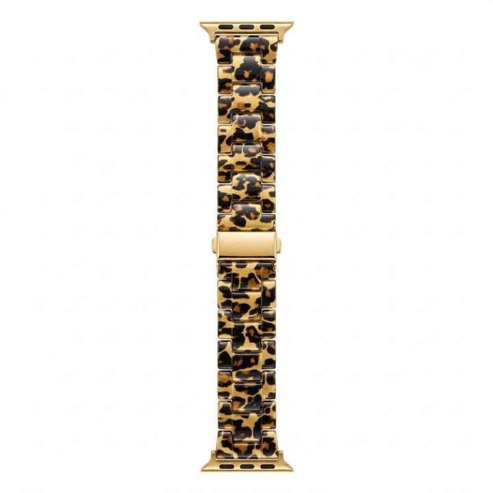 Anhem Amber Resin Apple Watch band featuring a translucent leopard print pattern with gold-tone metal hardware.