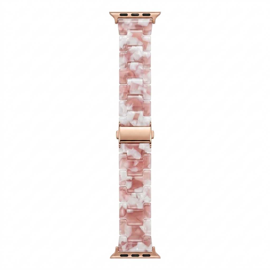 Anhem Amber Resin Strap for Apple Watch in a translucent pink and white marbled pattern with rose gold hardware.