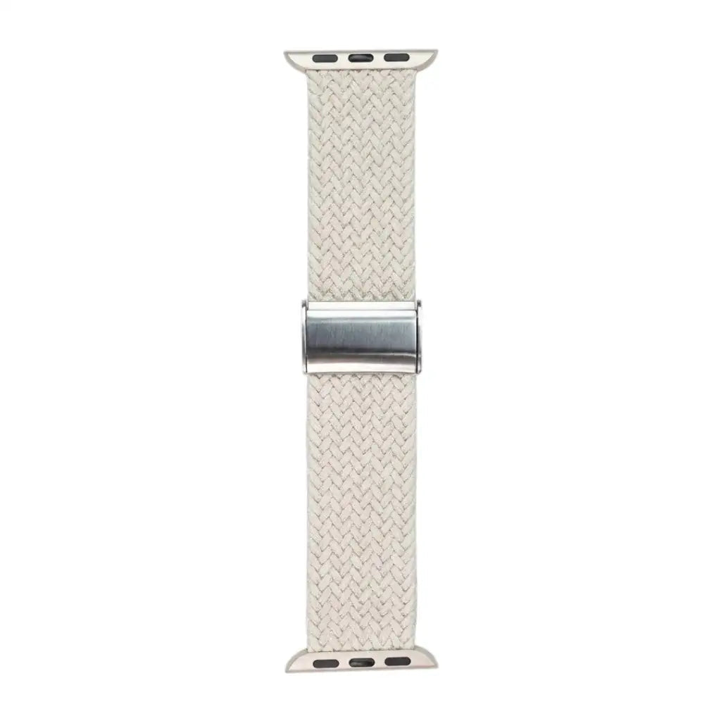 Anhem braided nylon Apple Watch band in a light beige colour with a metallic adjustable buckle and watch connectors.