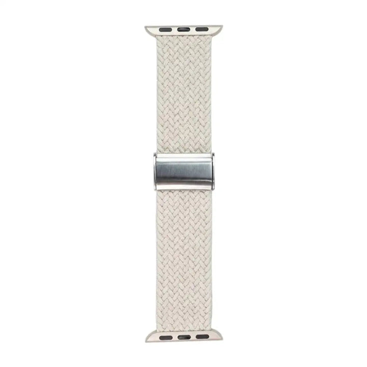 Anhem braided nylon Apple Watch band in a light beige colour with a metallic adjustable buckle and watch connectors.