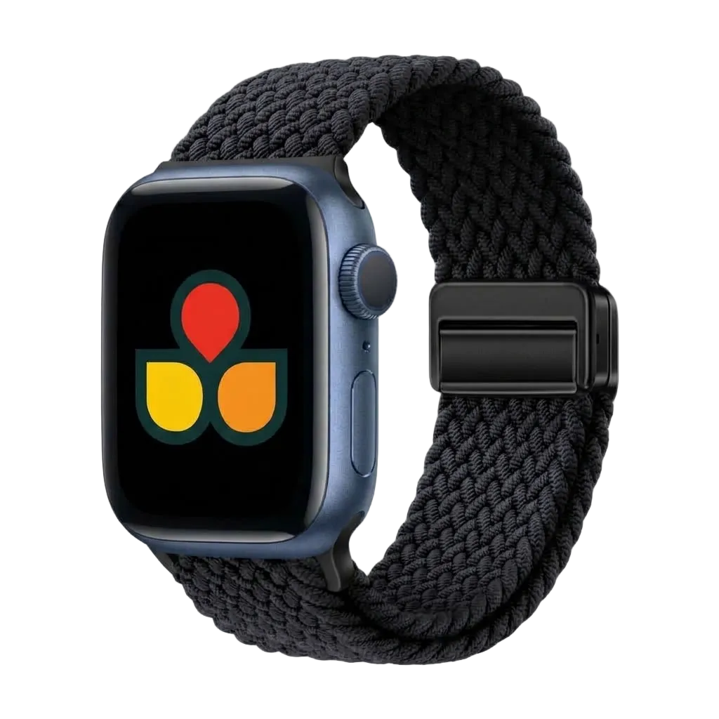 A apple watch band with a dark blue-gray aluminum case and a thick, black braided fabric loop band, shown on a plain white background. The watch screen displays a colorful app icon. magnetic buckle band.
