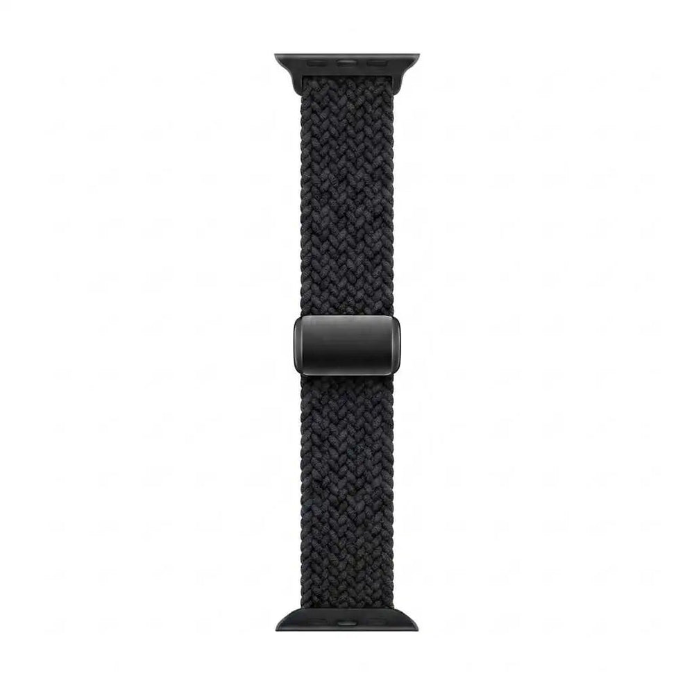 A black braided woven apple watch band with a matte black metal buckle, shown vertically against a plain white background.