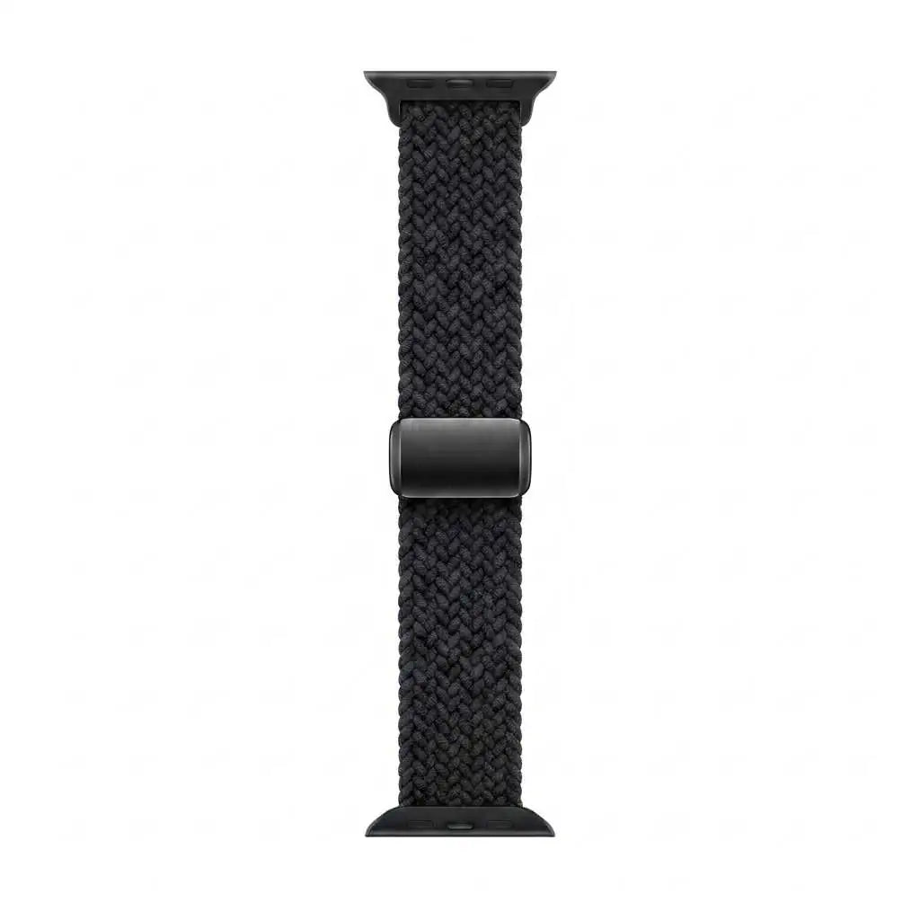 A black braided woven apple watch band with a matte black metal buckle, shown vertically against a plain white background.