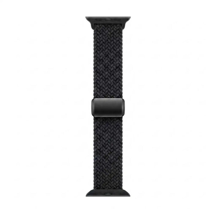 A black braided woven apple watch band with a matte black metal buckle, shown vertically against a plain white background.