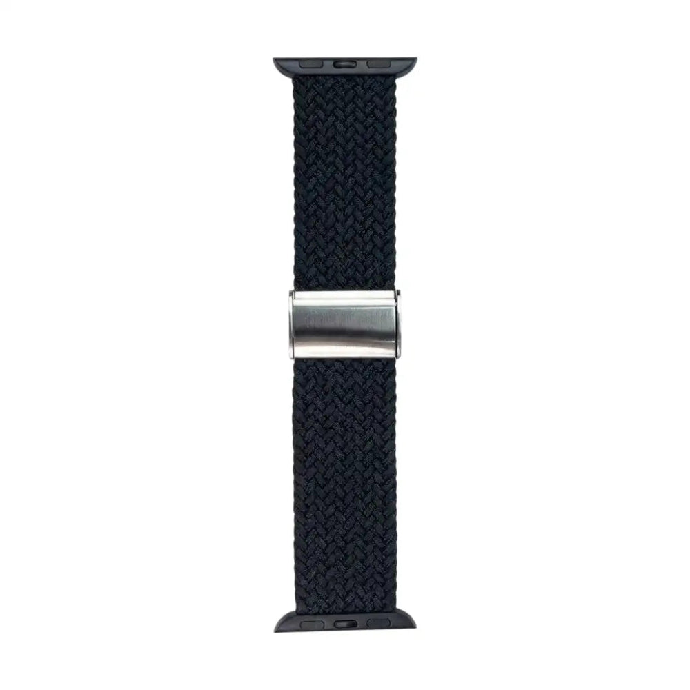Anhem black braided nylon Apple Watch band with a silver metal adjustable buckle for a secure stretch-fit.