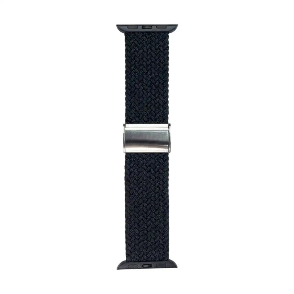Anhem black braided nylon Apple Watch band with a silver metal adjustable buckle for a secure stretch-fit.