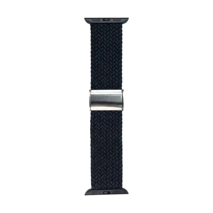 Anhem black braided nylon Apple Watch band with a silver metal adjustable buckle for a secure stretch-fit.