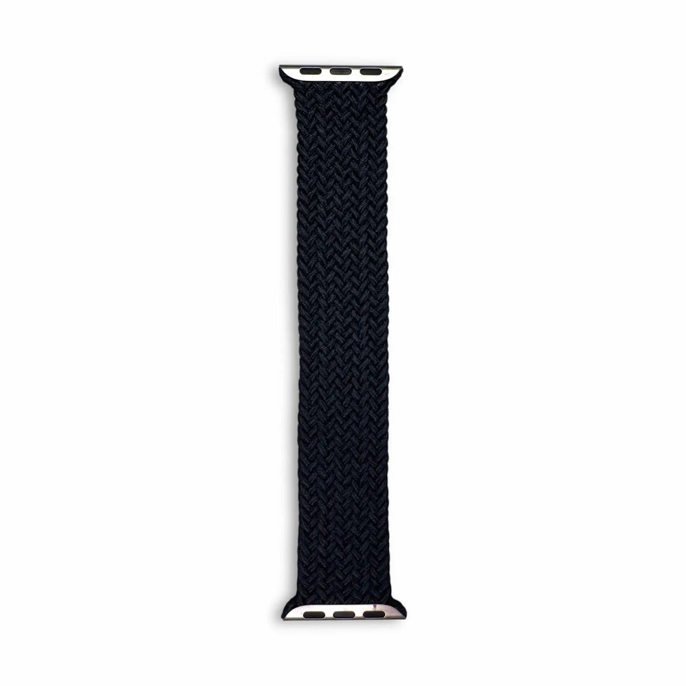 Anhem black braided nylon infinity loop watch band for Apple Watch with a flexible, breathable, and stretchable design.