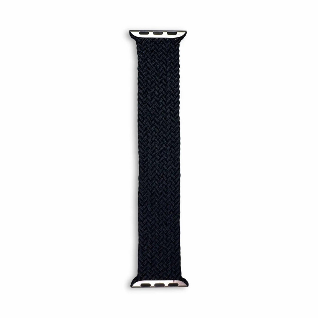Anhem black braided nylon infinity loop watch band for Apple Watch with a flexible, breathable, and stretchable design.