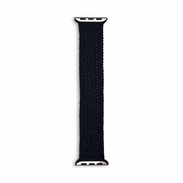 Anhem black braided nylon infinity loop watch band for Apple Watch with a flexible, breathable, and stretchable design.