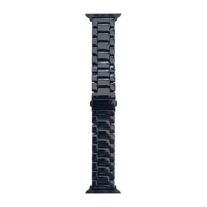 Anhem Classic Ceramic Apple Watch band in black with a polished 3-link design and secure buckle closure.