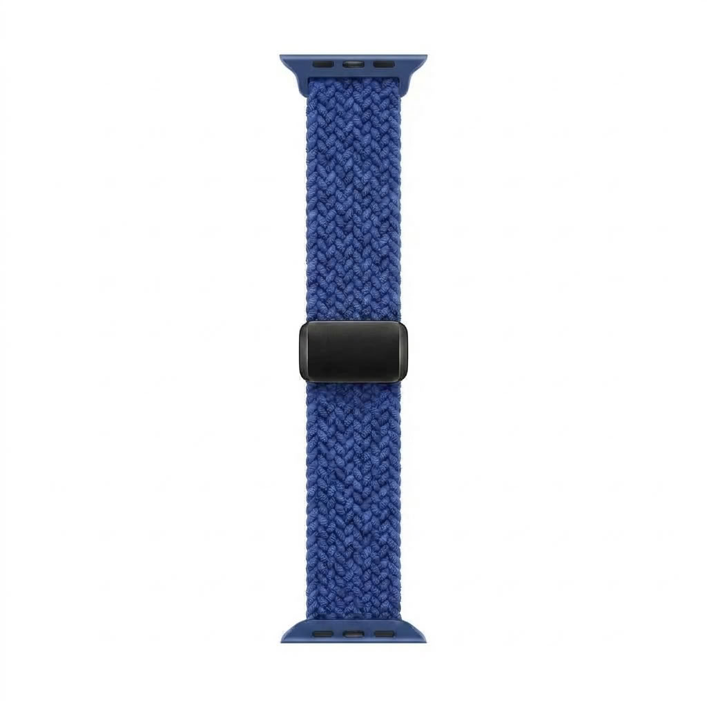 A blue braided knit apple watch band with a black metal buckle clasp, shown vertically on a plain white background.