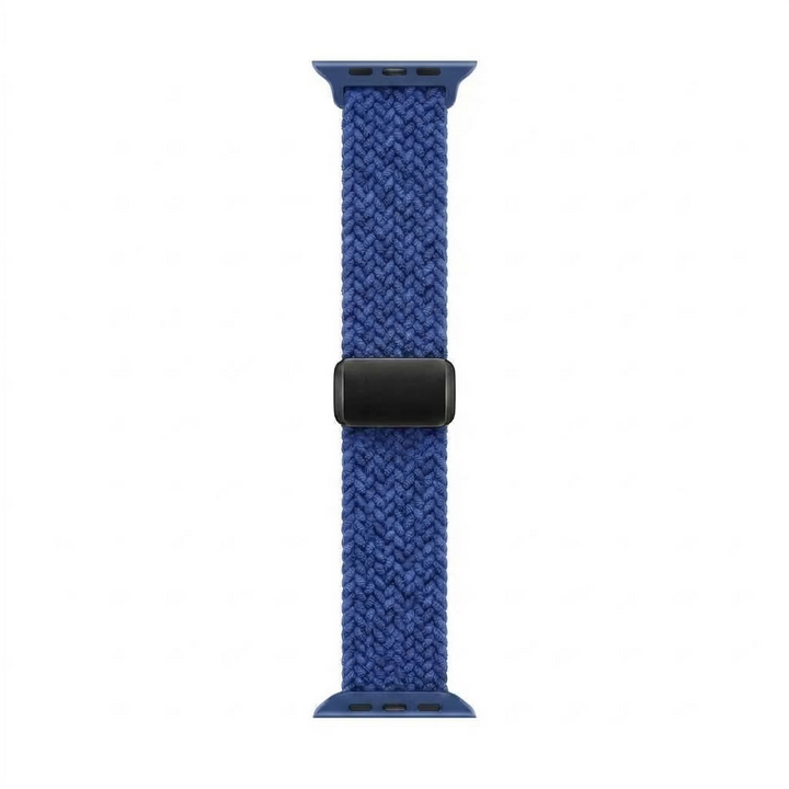 A blue braided knit apple watch band with a black metal buckle clasp, shown vertically on a plain white background.