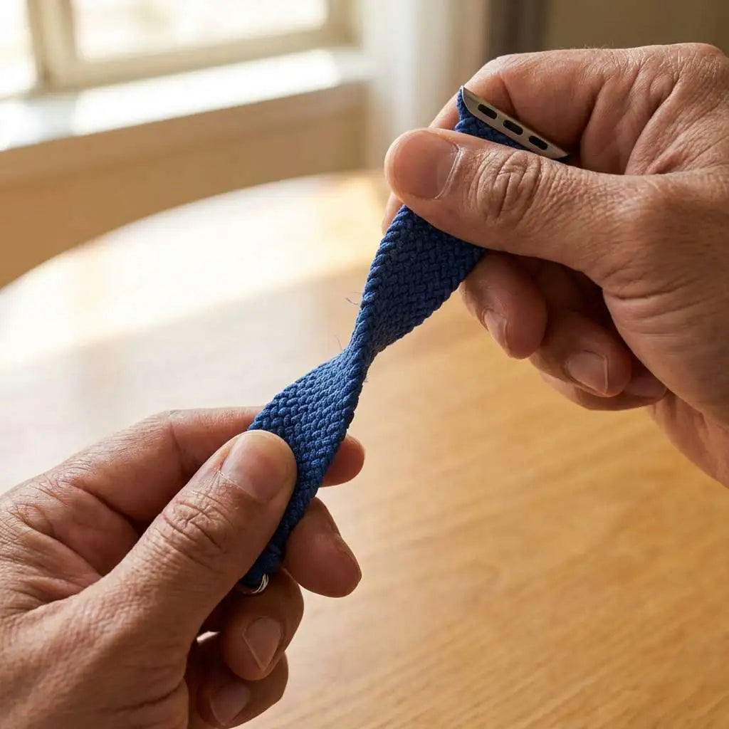 Anhem blue braided nylon infinity loop watch band being stretched to show flexible material and texture.