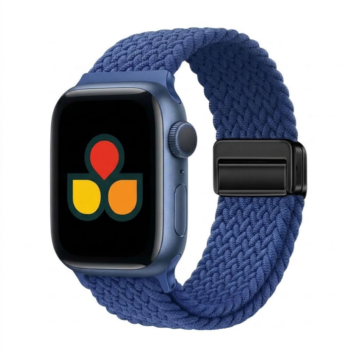 A apple watch with a blue textured woven band and a dark blue aluminum case, shown on a plain white background. The watch face displays a colorful app icon. magnetic buckle.