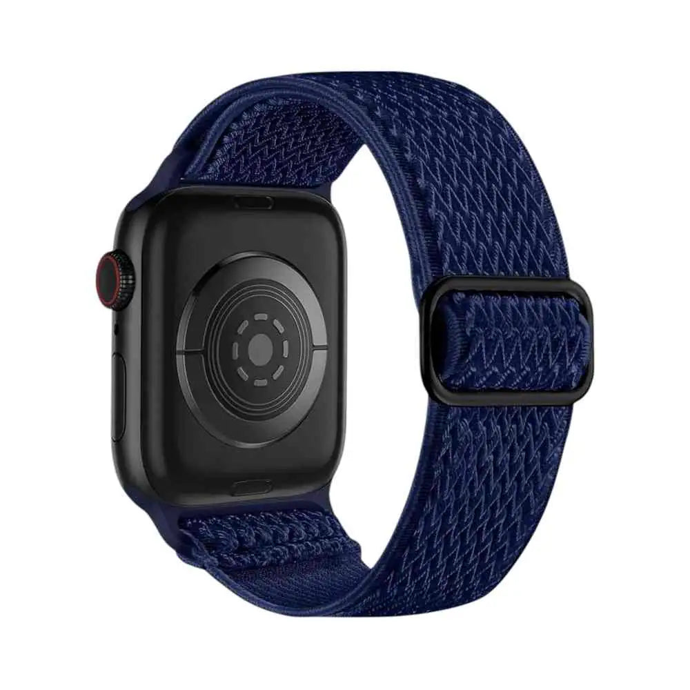 Back view of the Anhem Weave Nylon Band in navy on an Apple Watch, focusing on its adjustable features.  Weave Nylon Strap  anhem.myshopify.com  Midnight Blue / 38/40/41/42MM (Small Watch)