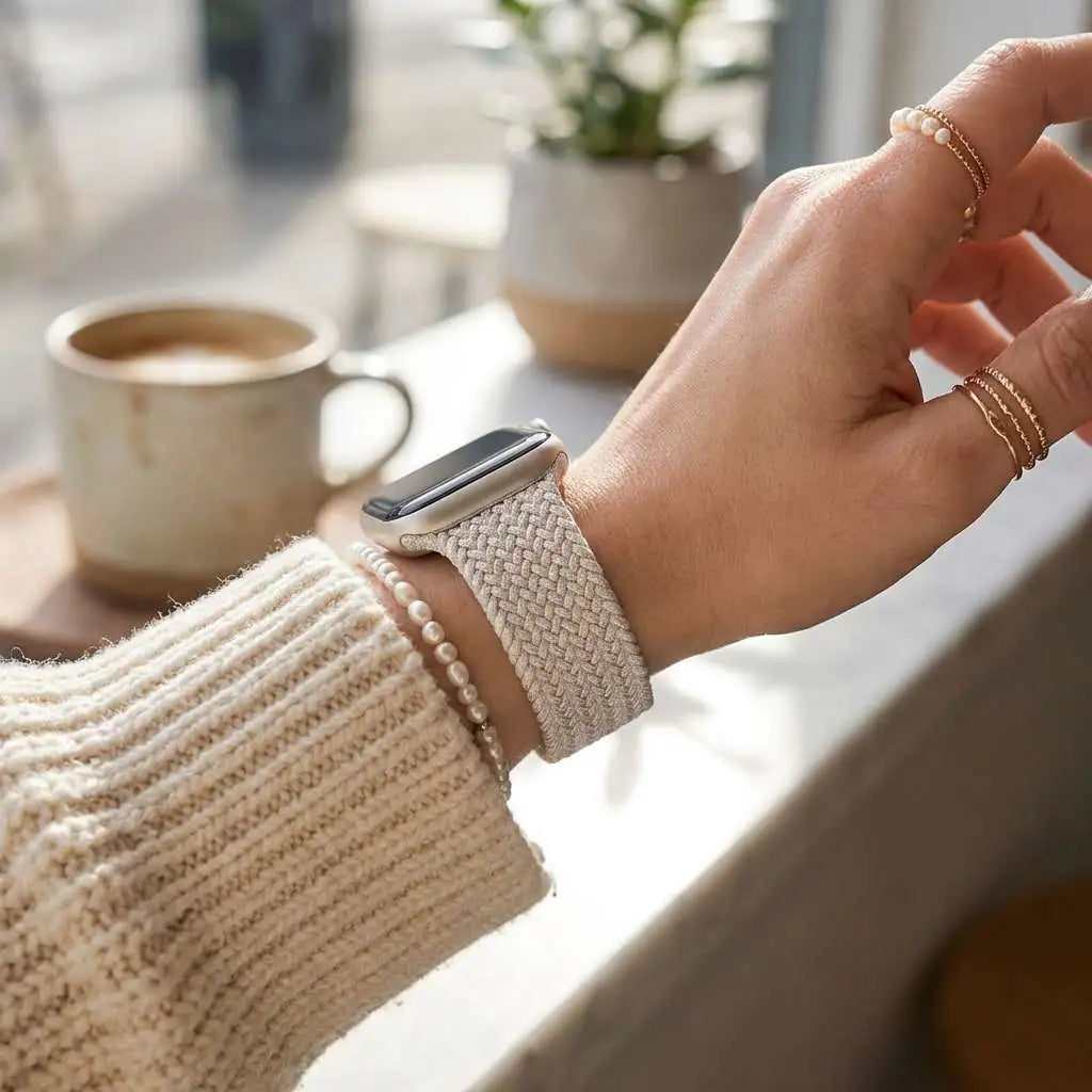 Anhem Braided Infinity Strap in beige nylon worn on a wrist with an Apple Watch, showing a textured woven design.