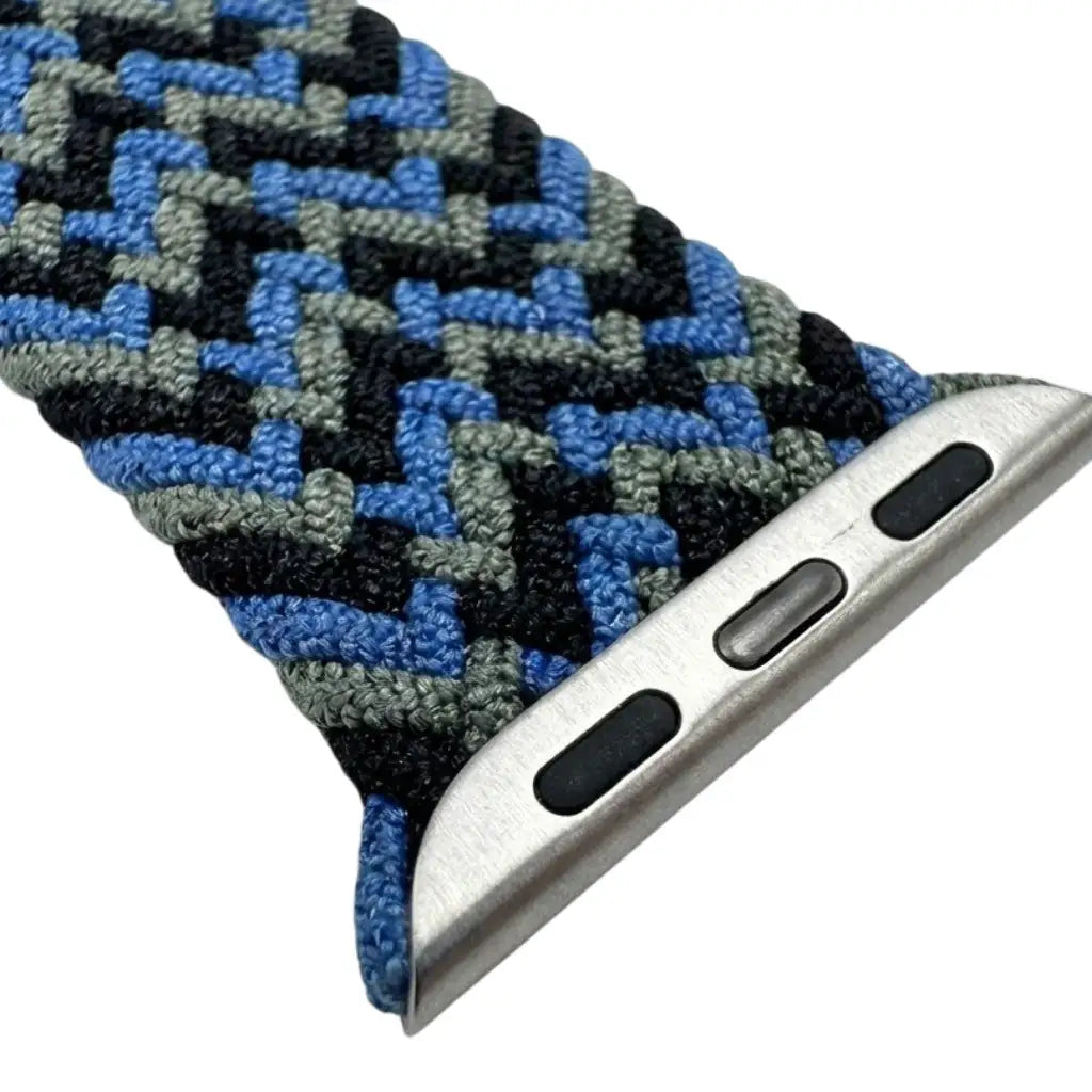 Anhem Braided Infinity Strap for Apple Watch featuring a blue, grey, and black chevron woven nylon pattern