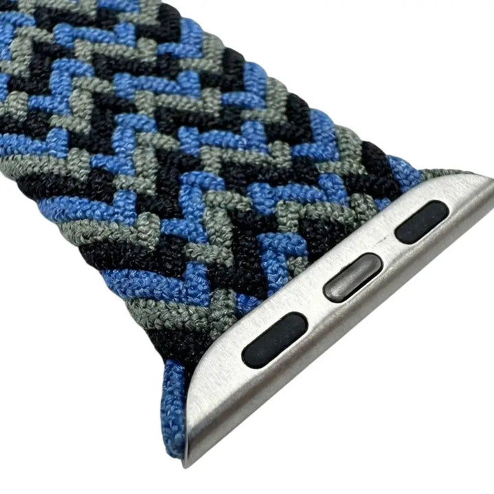 Anhem Braided Infinity Strap for Apple Watch featuring a blue, grey, and black chevron woven nylon pattern