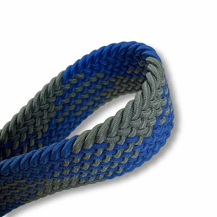 Anhem Braided Infinity Strap in blue and grey woven nylon for Apple Watch, showing the flexible stretch texture.