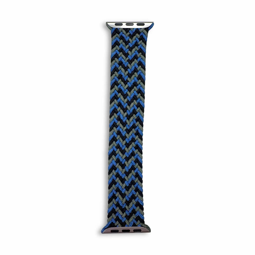 Anhem Braided Infinity Strap for Apple Watch in a blue, black, and grey chevron woven nylon pattern.