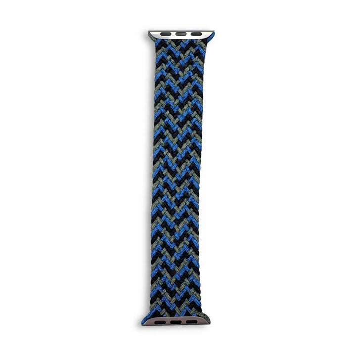 Anhem Braided Infinity Strap for Apple Watch in a blue, black, and grey chevron woven nylon pattern.