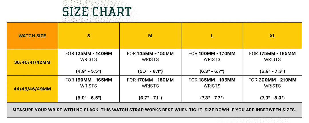 Anhem Braided Infinity Strap size chart showing wrist measurements in millimeters and inches for various watch sizes.
