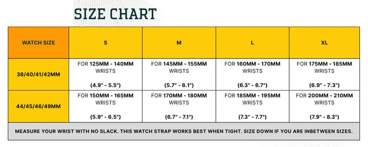 Anhem Braided Infinity Strap size chart showing wrist measurements in millimeters and inches for various watch sizes.