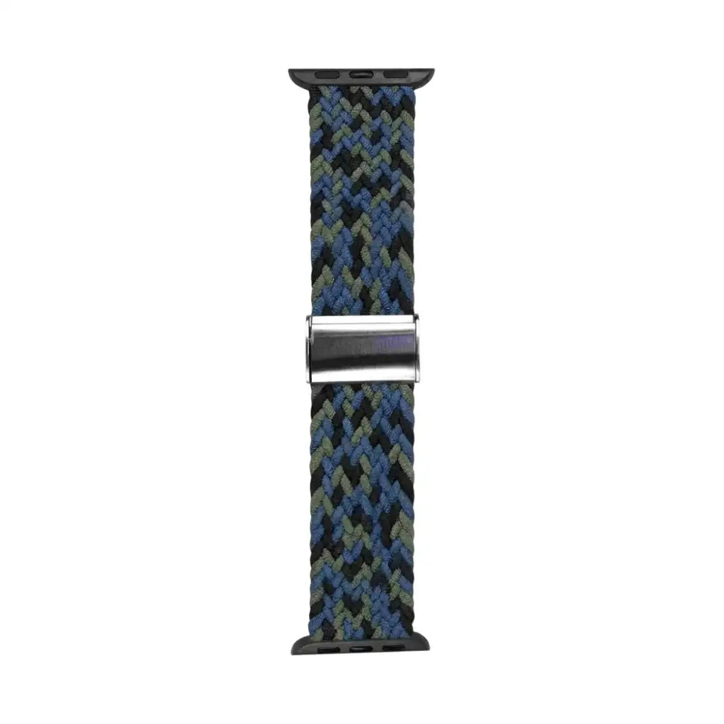 Anhem braided nylon Apple Watch band in blue and olive green with an adjustable metal buckle and black connectors.