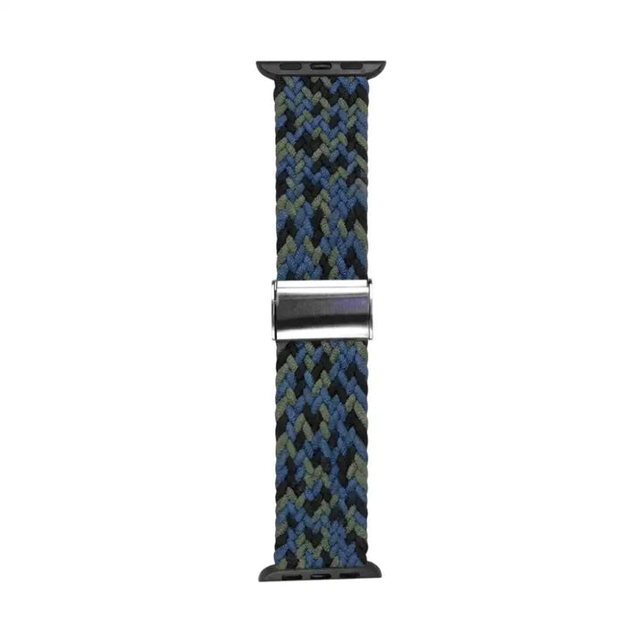 Anhem braided nylon Apple Watch band in blue and olive green with an adjustable metal buckle and black connectors.