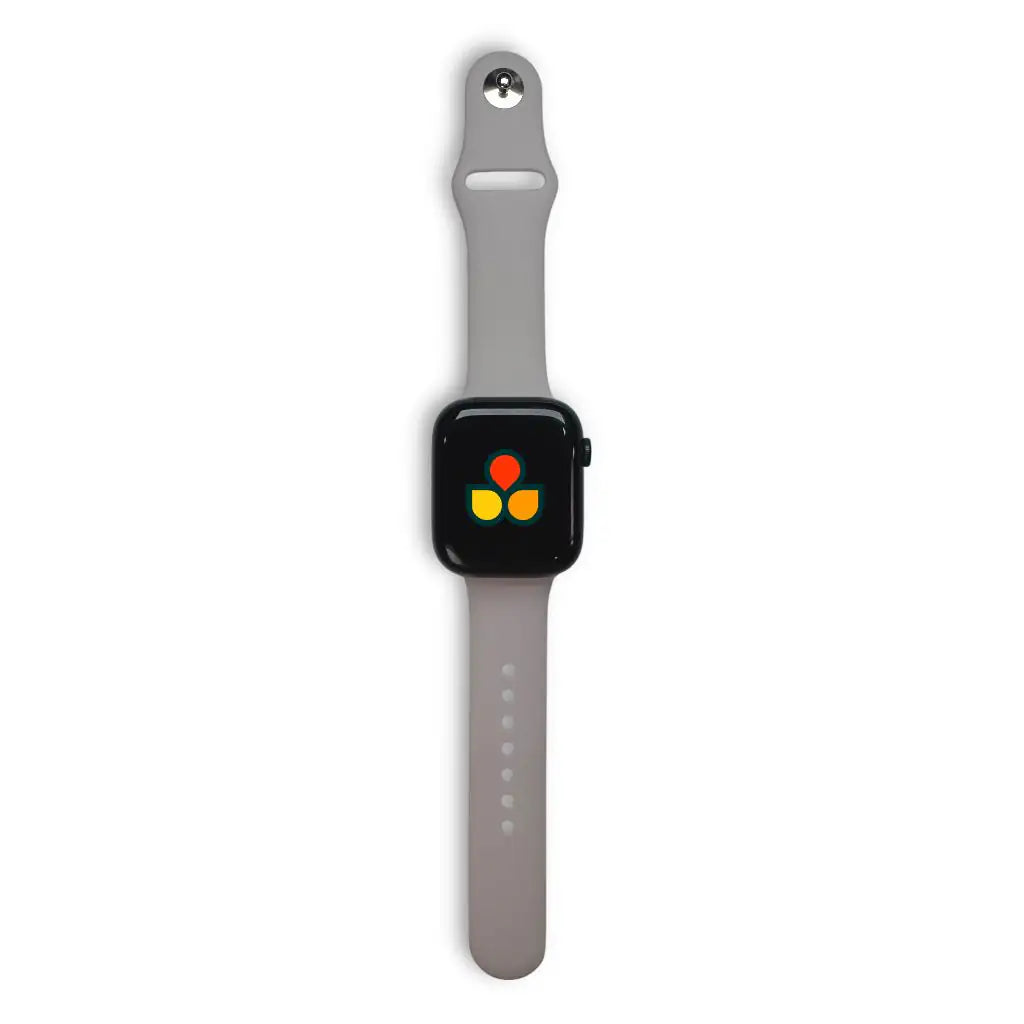 Anhem Endura grey silicone sport watch band attached to a black Apple Watch with a colorful logo on the screen