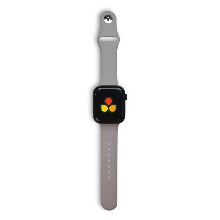 Anhem Endura grey silicone sport watch band attached to a black Apple Watch with a colorful logo on the screen