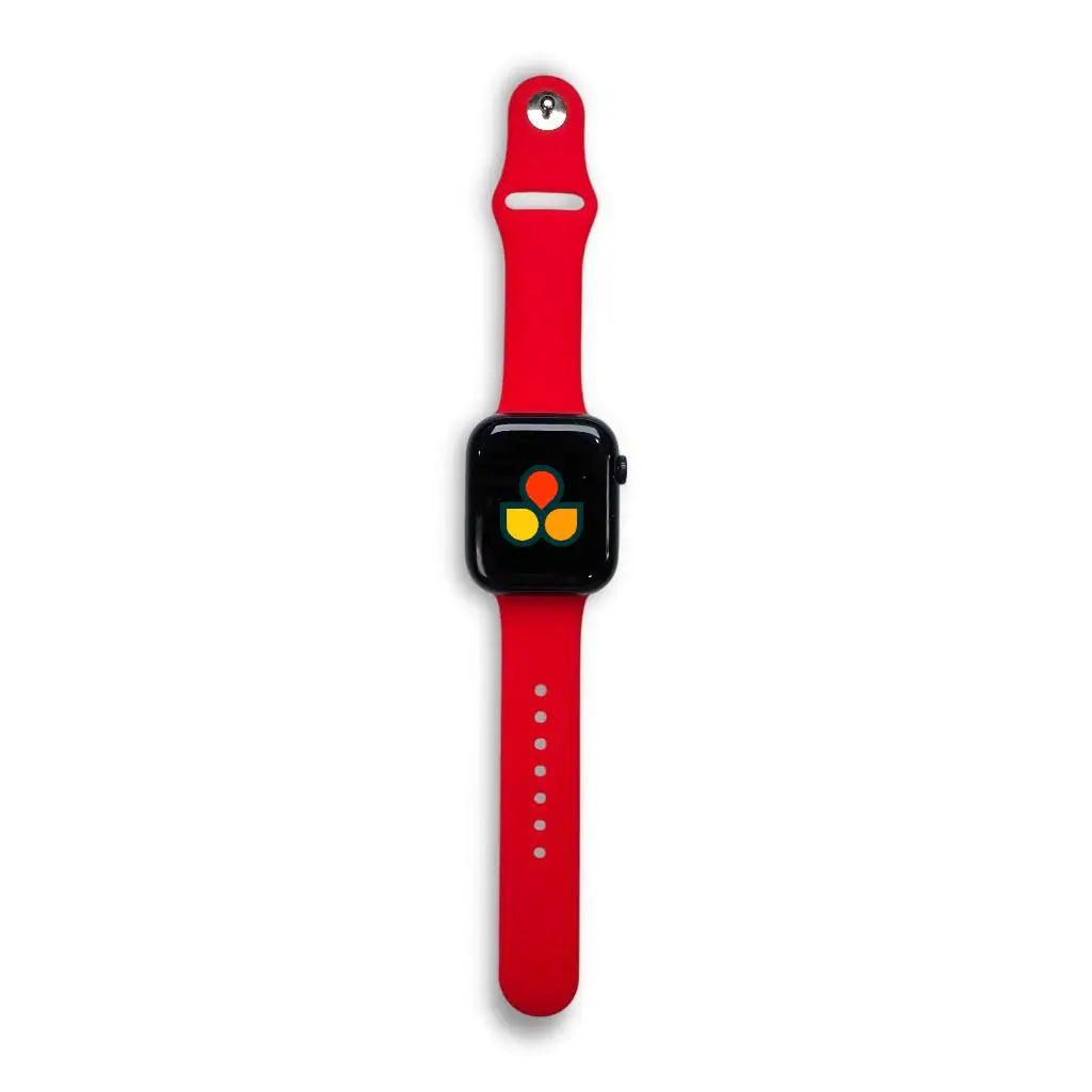 Anhem Endura red silicone sport watch band attached to a black Apple Watch on a white background
