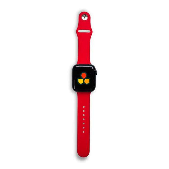 Anhem Endura red silicone sport watch band attached to a black Apple Watch on a white background