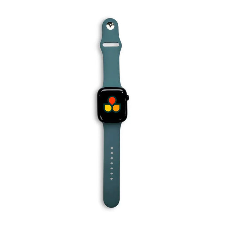 Anhem Endura silicone sport watch band in a muted blue-grey colour attached to an Apple Watch