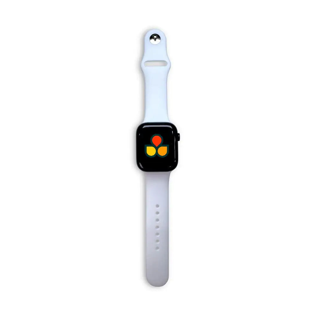 Anhem Endura white silicone sport strap attached to an Apple Watch with a colorful abstract display