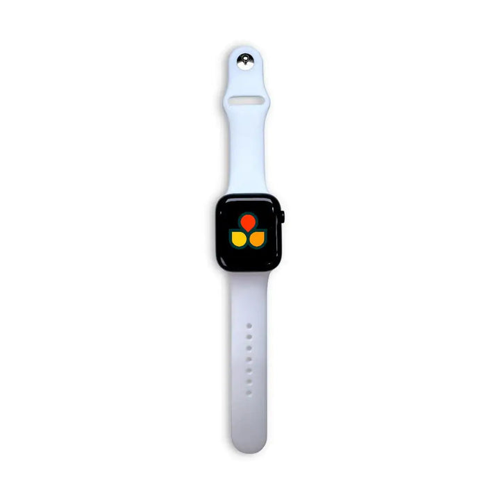 Anhem Endura white silicone sport strap attached to an Apple Watch with a colorful abstract display
