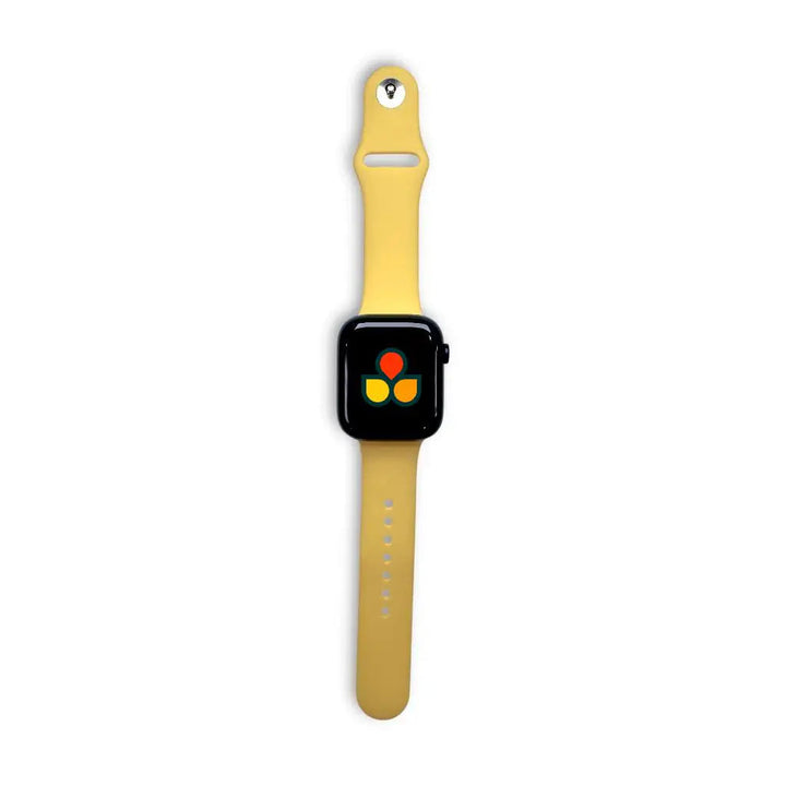 Anhem Endura silicone sport watch band in soft yellow, compatible with Apple Watch, featuring a secure pin closure.