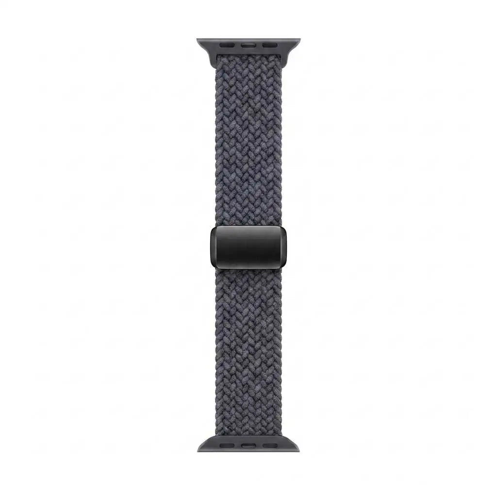 A dark gray braided woven apple watch band with a matte black buckle, shown vertically against a plain white background.