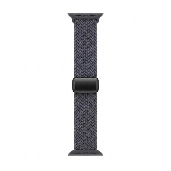 A dark gray braided woven apple watch band with a matte black buckle, shown vertically against a plain white background.