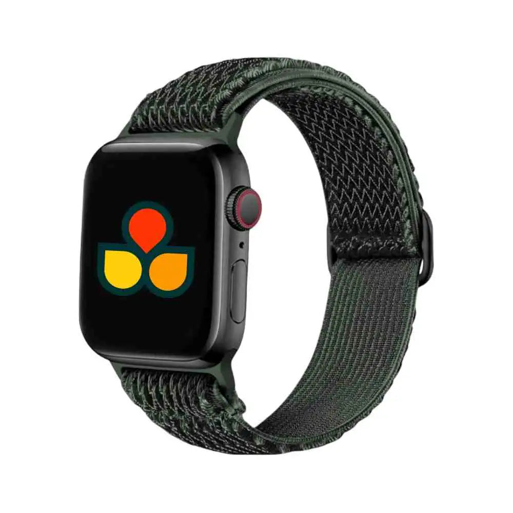 Anhem Weave Nylon Band featured on a green Apple Watch, designed for a snug yet flexible fit.  Weave Nylon Strap  anhem.myshopify.com  Cargo Green / 44/45/46/49MM (Large Watch)