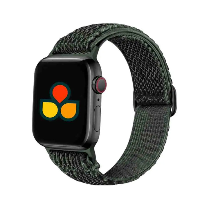 Anhem Weave Nylon Band featured on a green Apple Watch, designed for a snug yet flexible fit.  Weave Nylon Strap  anhem.myshopify.com  Cargo Green / 44/45/46/49MM (Large Watch)