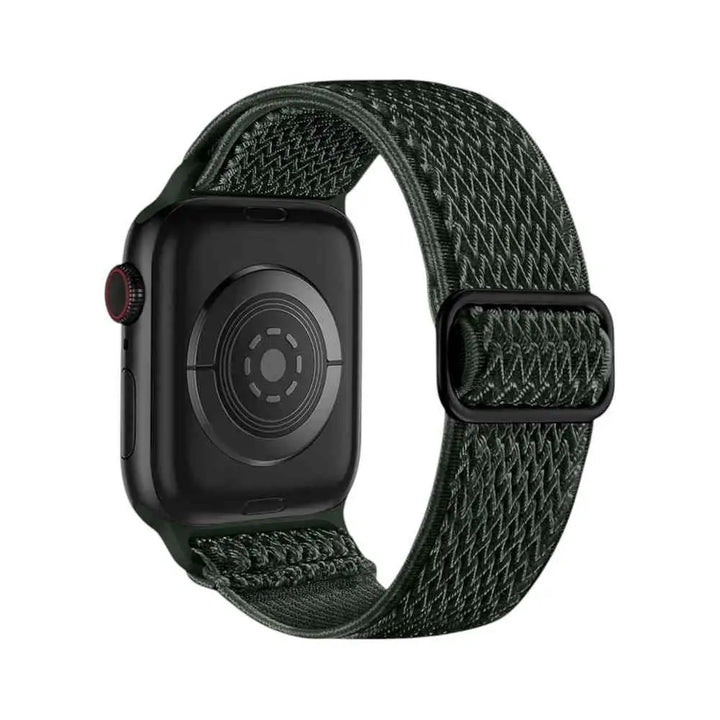 Back of the Anhem Weave Nylon Band on a green Apple Watch, highlighting its sleek design.  Weave Nylon Strap  anhem.myshopify.com  Cargo Green / 38/40/41/42MM (Small Watch)