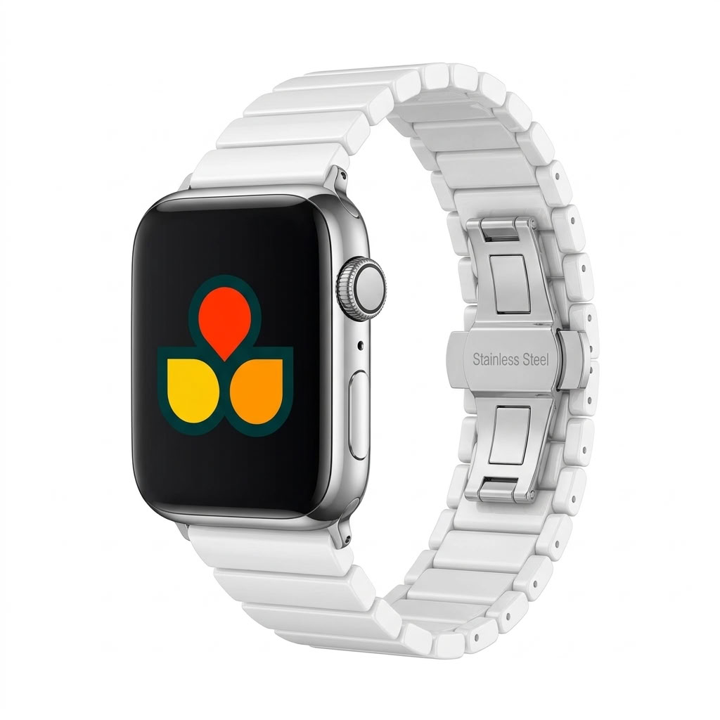 A white ceramic link apple watch band attached to a silver smartwatch with a black display showing a colorful app icon, isolated on a white background.