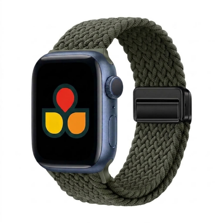A green braided woven apple watch band attached to a dark blue smartwatch, shown on a plain white background. magnetic buckle