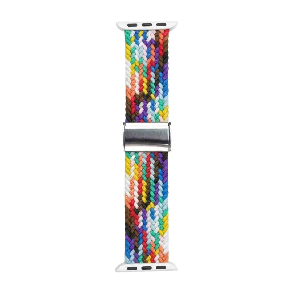Anhem braided nylon Apple Watch band featuring a vibrant multi-colored woven pattern and a silver metal connector.