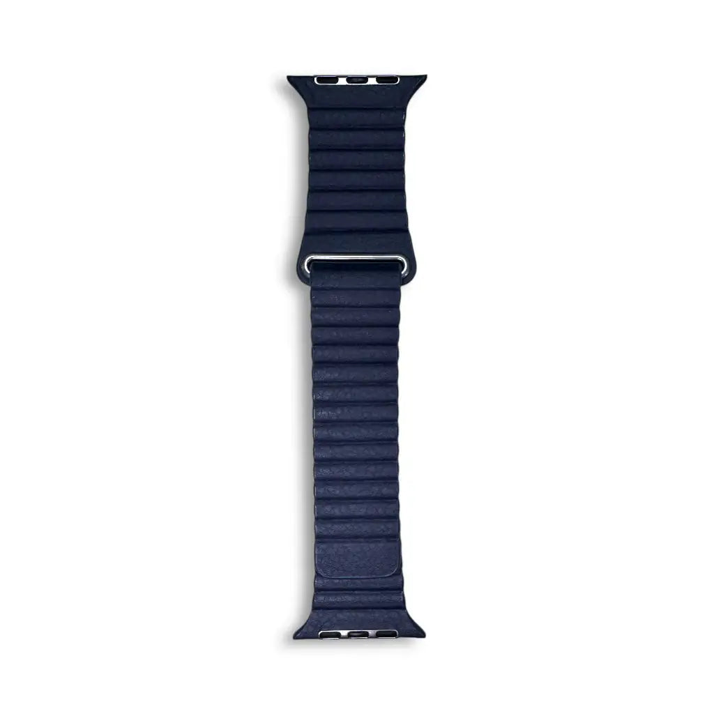 Anhem navy blue vegan leather loop band for Apple Watch with a textured ribbed design and magnetic closure.