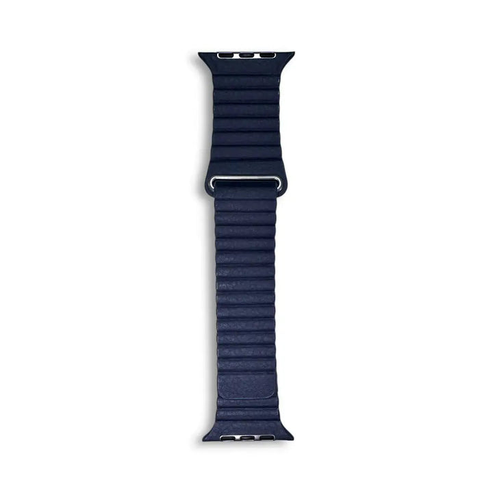 Anhem navy blue vegan leather loop band for Apple Watch with a textured ribbed design and magnetic closure.