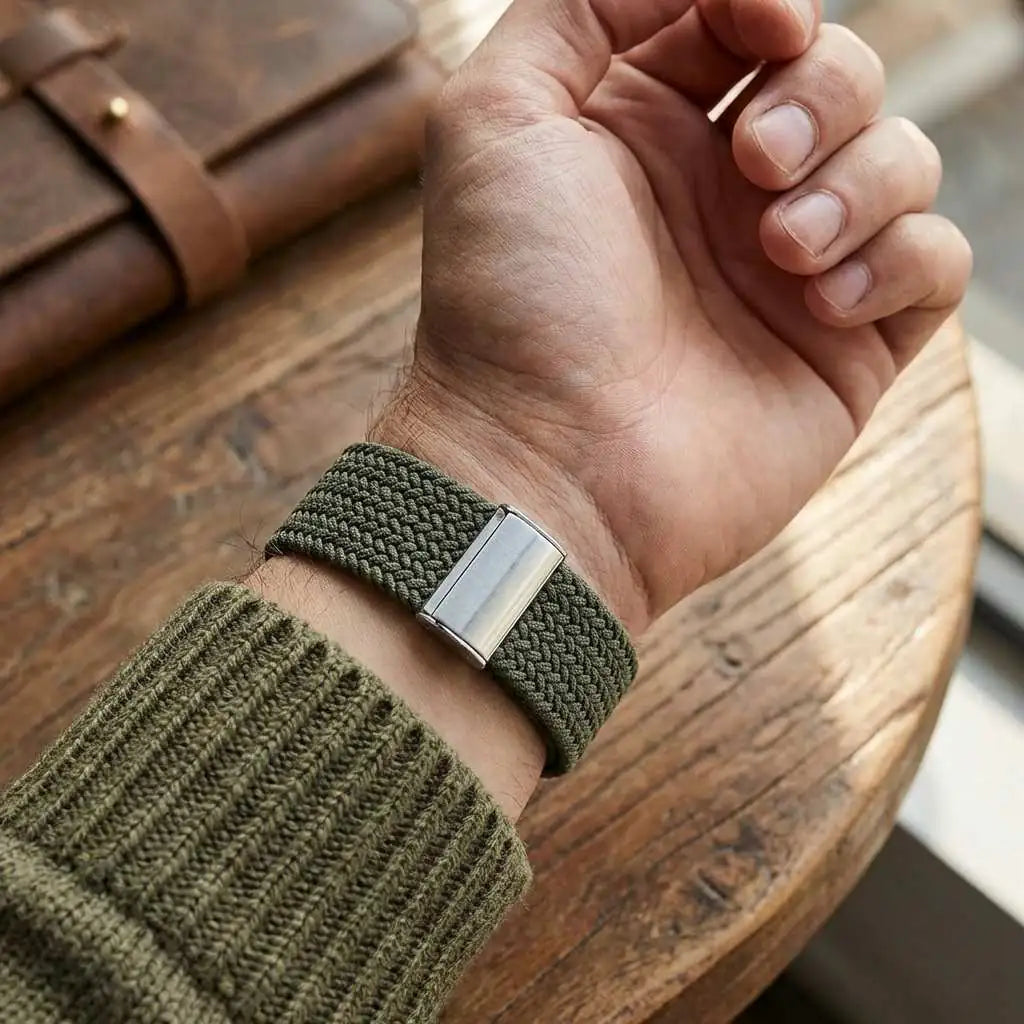 Anhem braided nylon Apple Watch band in olive green with a metallic buckle on a man's wrist wearing a green sweater.